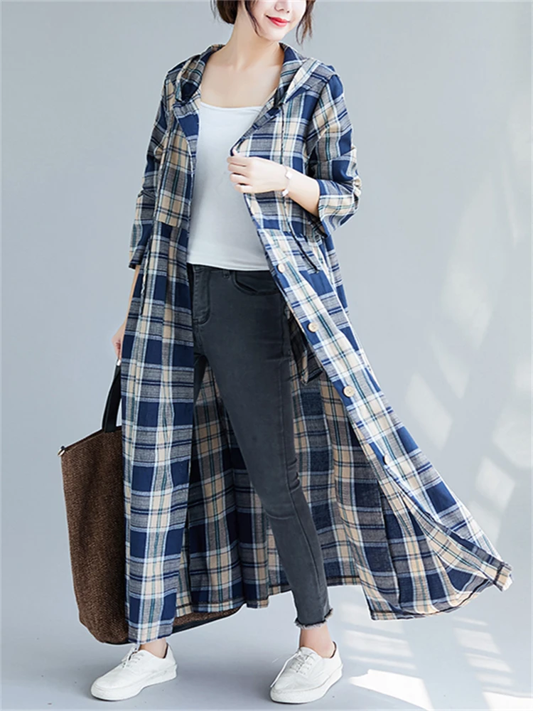2025 New Arrival Autumn Winter Women Casual Loose Hooded Trench Coat Long Sleeve Single Breasted Plaid Cotton Office Lady Dress