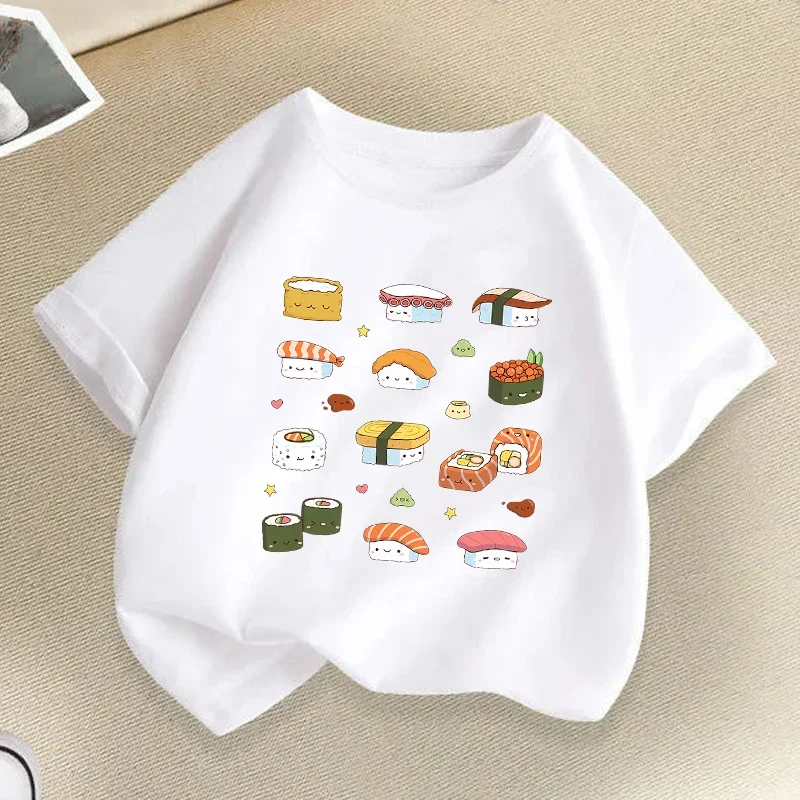 스시 프린트 키즈 티셔츠 여름 소년 소녀 캐주얼 패션 재미 있은 귀여운 편안한 반팔 탑 어린이 다채로운 티셔츠