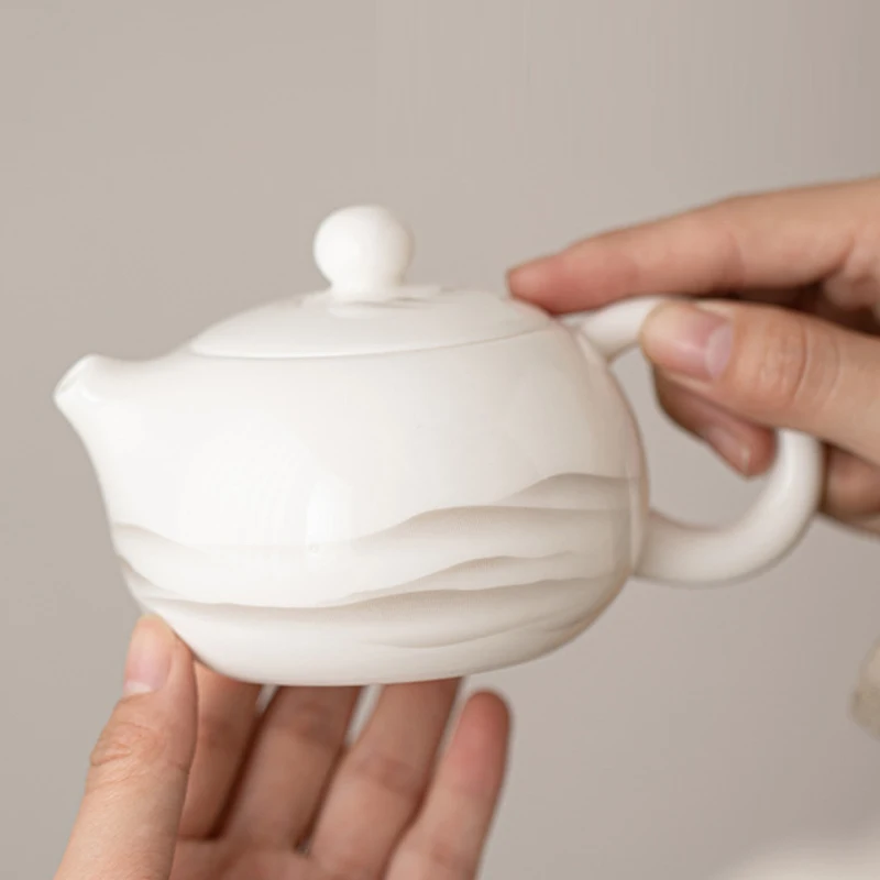 Chinese Style Ink Wash Pattern White Porcelain Teapot, Ceramic Small Xishi Tea Pot, Kung Fu Household, Handmade, 210ML, New, 1Pc