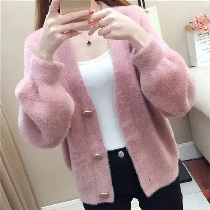 

New Elegant Mink Cashmere Sweater Cardigan Women Winter Korean Fleece Knitted Jacket Female Casual V neck Single Breasted Coat