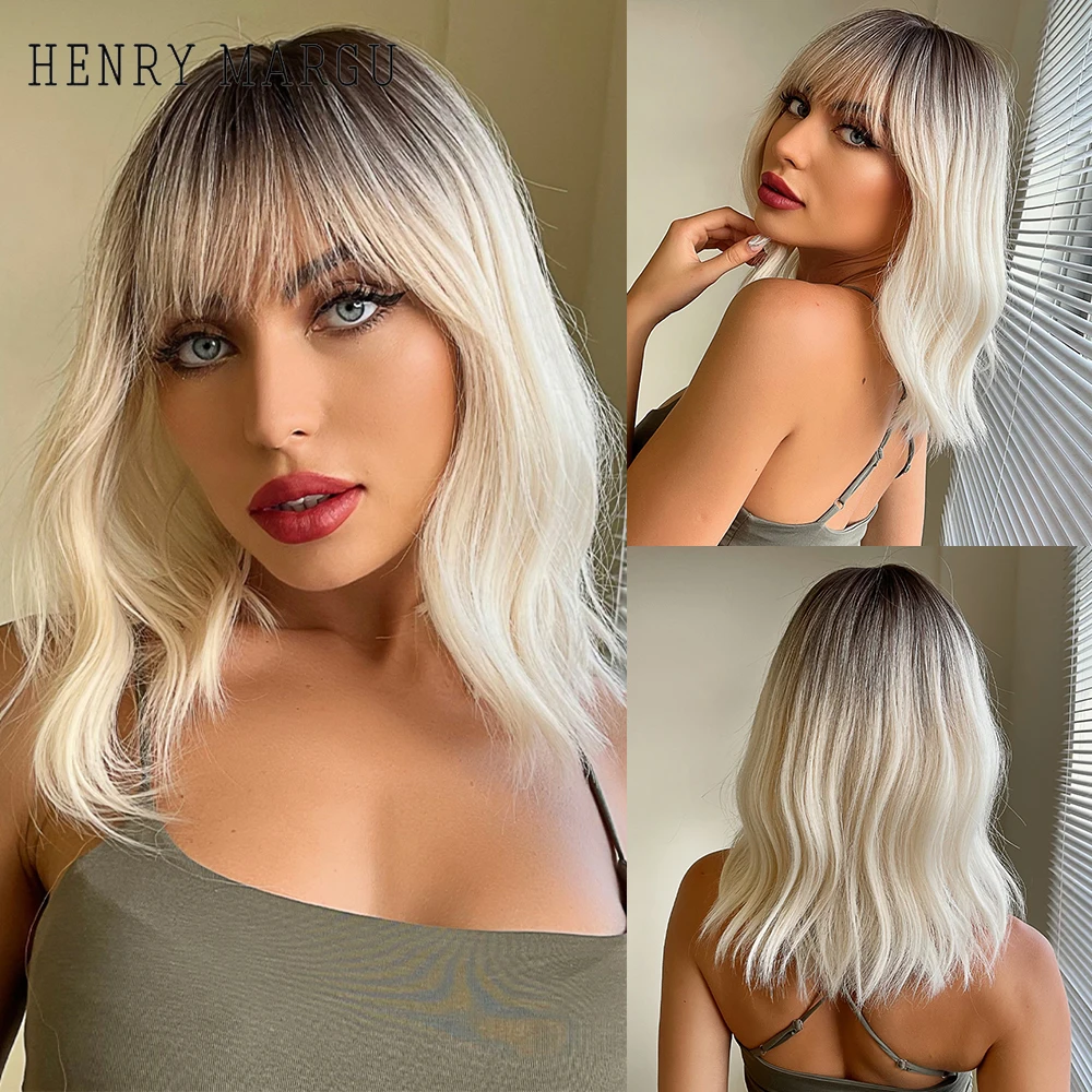 HENRY MARGU Black to White Synthetic Wigs Short Wavy Bobo Hair Wigs for White Women With Bangs Heat Resistant Daily Lolita Wigs