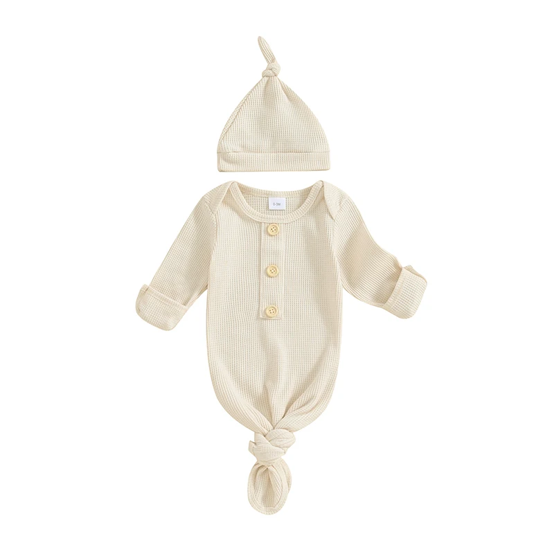 KMBANGI Newborn Baby Boys Girls Knotted Gown Hat Set Long Sleeve Button Infant Sleeper Baby Sleep Gown with Mittens