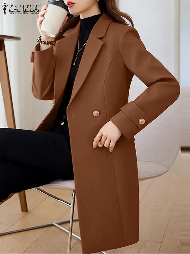 ZANZEA Women Elegant Solid Long Coat 2023 Autumn Lapel Collar Blazer Fashion Long Sleeve Jacket Casual Loose Buttons Outwears