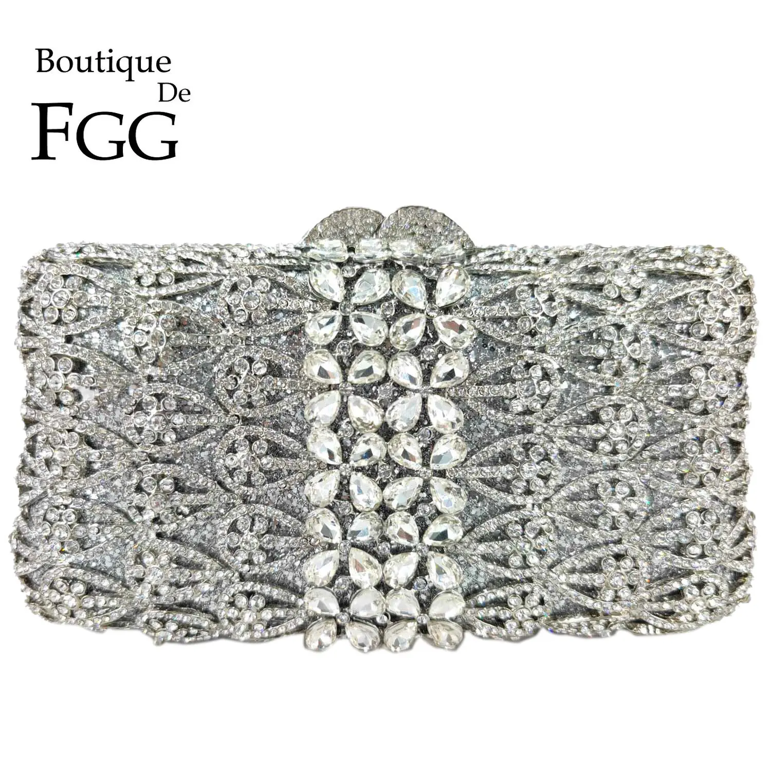 

Boutique De FGG Hollow Women Silver Evening Bags and Clutches Wedding Rhinestone Handbags Party Gala Dinner Crystal Clutch Purse