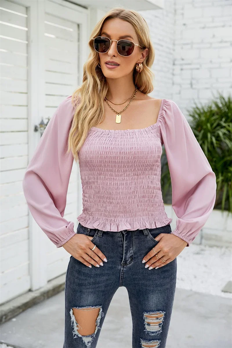 2023 Autumn Elastic Stretch Fabrics Slim Chiffon Shirt Women Elegant Square Neck Pullover Chic Blouse Casual Bubble Sleeve Tops