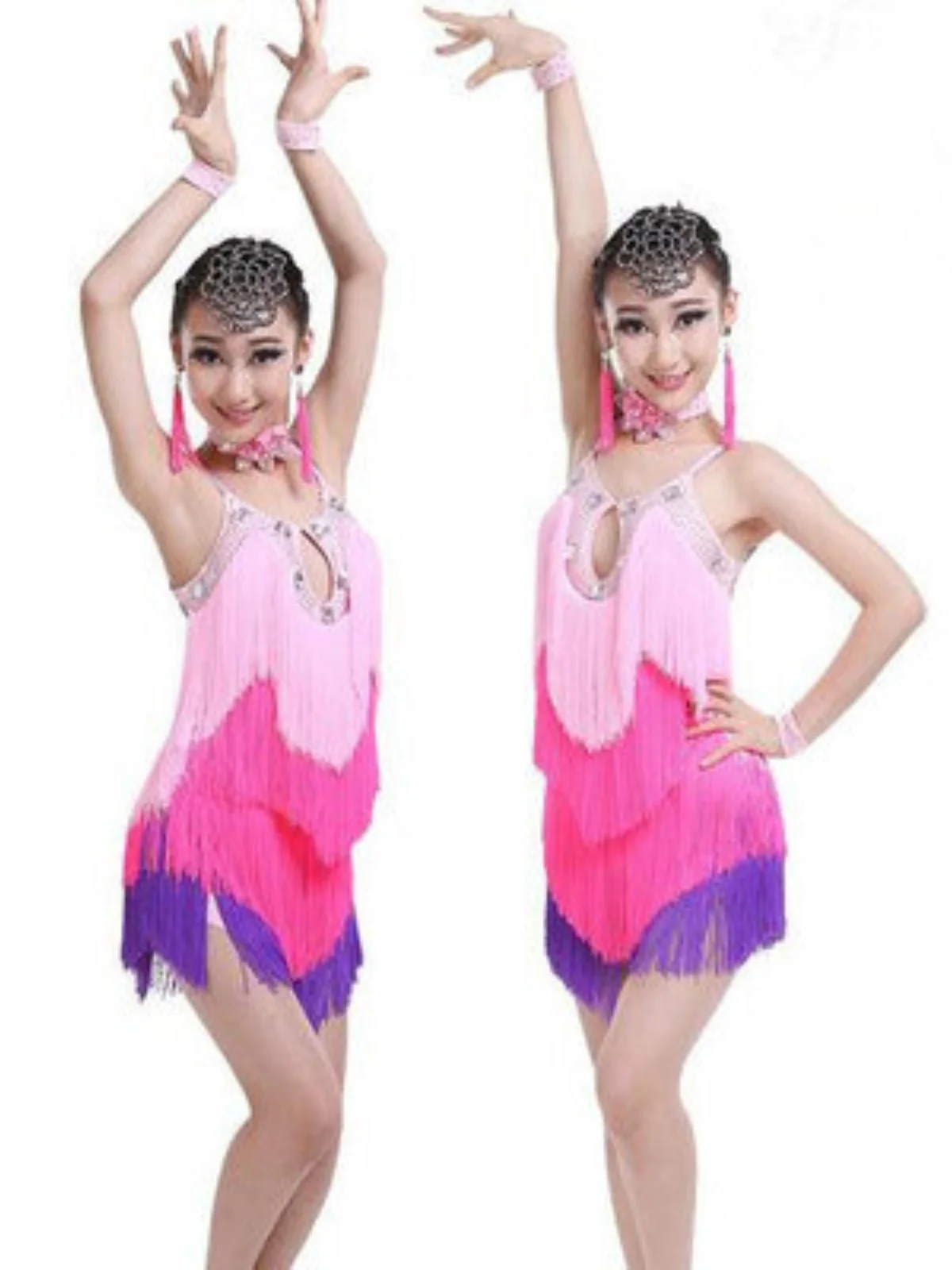 

Платье для латиноамериканских танцев с бахромой и яркими стразами для девочек