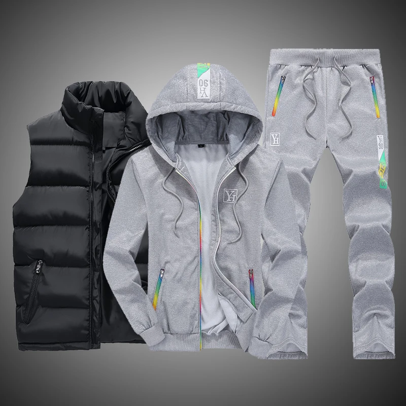 Men Tracksuit Outfit Sweat Suit New Winter Men's Clothing Men Sets 3 Pieces Vest Hoodie Set Fleece Zipper Casual Sport Sweatpant 32