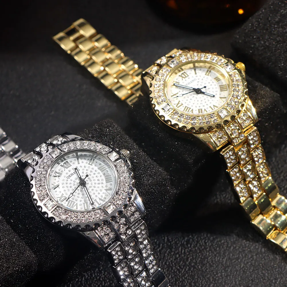Luxury Women Iced Out Watches Gold Silver Color Cuban Chain Bracelet Watches Full Rhinestone Wrist Watch Men Fashion Jewelry