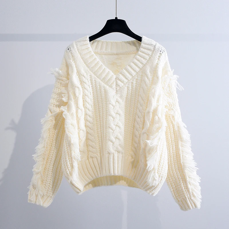 

Sweet Tassel Knitted Women Sweater Pullovers Autumn Winter V-Neck Thicken Warm Long-Sleeved Casual Female Pulls Outwears Tops