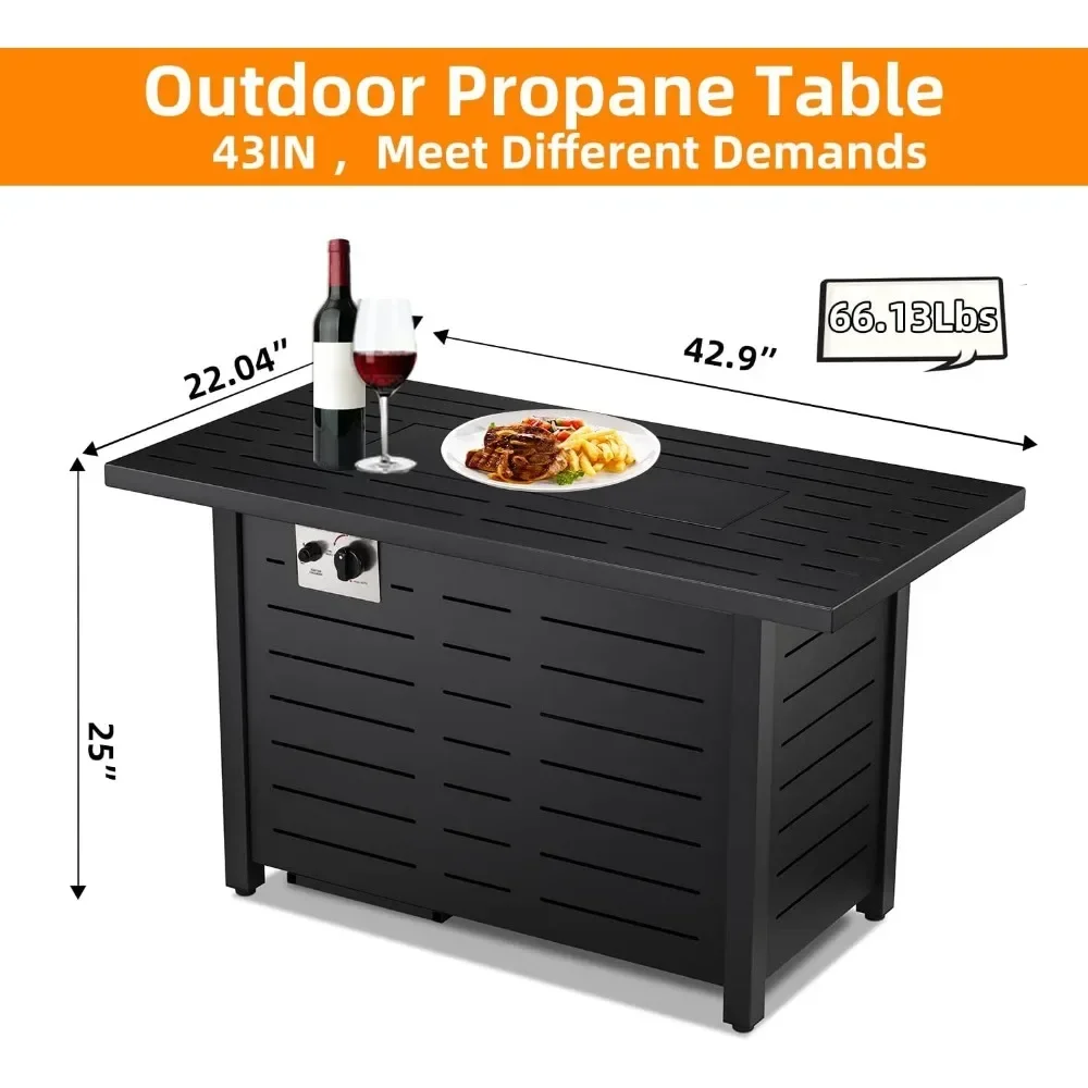 Propane Fire Pit Table with Blue Glass Rocks and Tempered Glass Wind Guard Outdoor Fire Pit with Lid and Rain Cover 43"