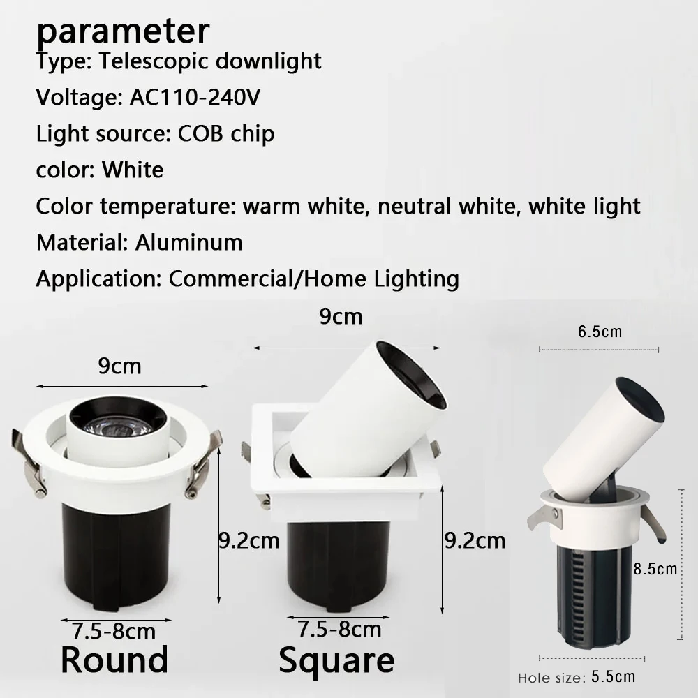 디밍 가능 LED 다운라이트 알루미늄 매입형 스트레치 회전 5W 7W 12W 18W 25W 30W 칩 COB 스팟 조명 천장 램프 AC85-265V