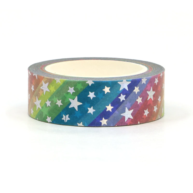 1PC. 10M Deco Silver Foil Rainbow Stars Washi Tape for Planner Scrapbooking Adhesive Stickers Masking Tape Cute Kawaii Papeleria 5