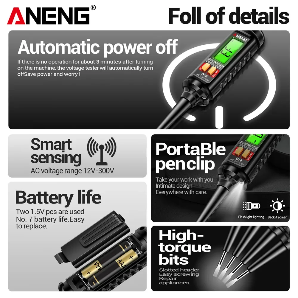 ANENG B16 Lntelligent Sensing 디지털 측정 펜 비접촉식 12V-300V 전압 검출기 NCV 전압 프로빙 테스터 미터 도구