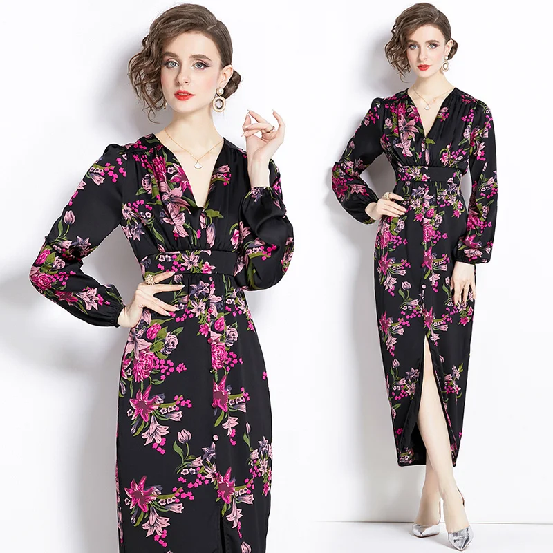 

Coigarsam Women Dress 2024 Office Lady Vintage Print Long Sleeve Zipper Folds V-Neck Flower Color Dresses
