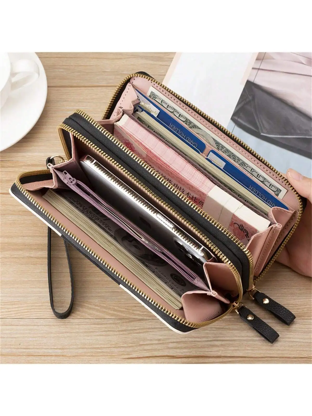 Women's Long Clutch Wallet Three Color Splicing Simple Zipper Phone Bag Money Clip Wallet Leather Wallet