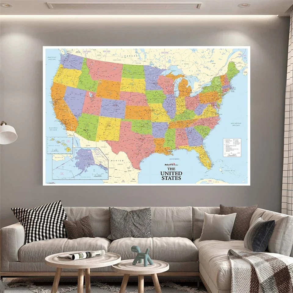 225*150 Cm The United State Map Non-woven Canvas Printing Detailed Map Large Poster Education Supplies Home Decoration world map poster