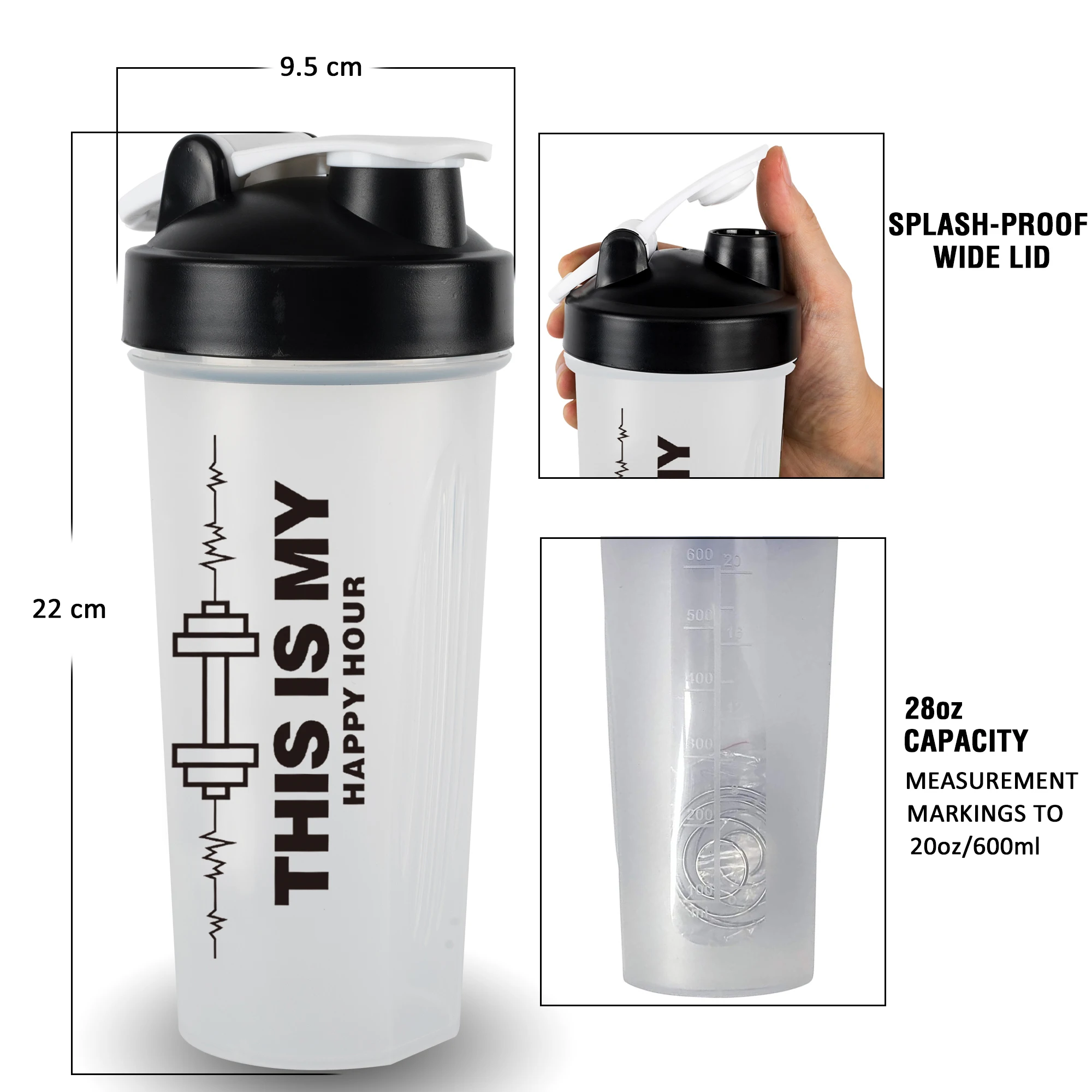 Shaker Bottle-20oz Protein Supplements Mixes Drink Cup with Blender Ball Motivation 600ml Clear Measure Leak Proof for Gym Sport