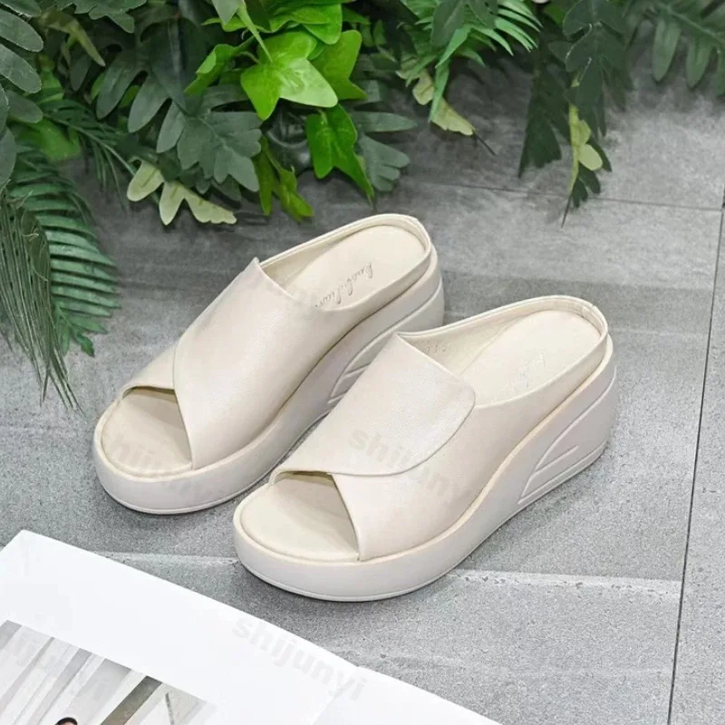 New Women Sandals Women Slippers Black Wedge Platform Open Toe Orthopedics Thick Bottom Beach High Heels Slides