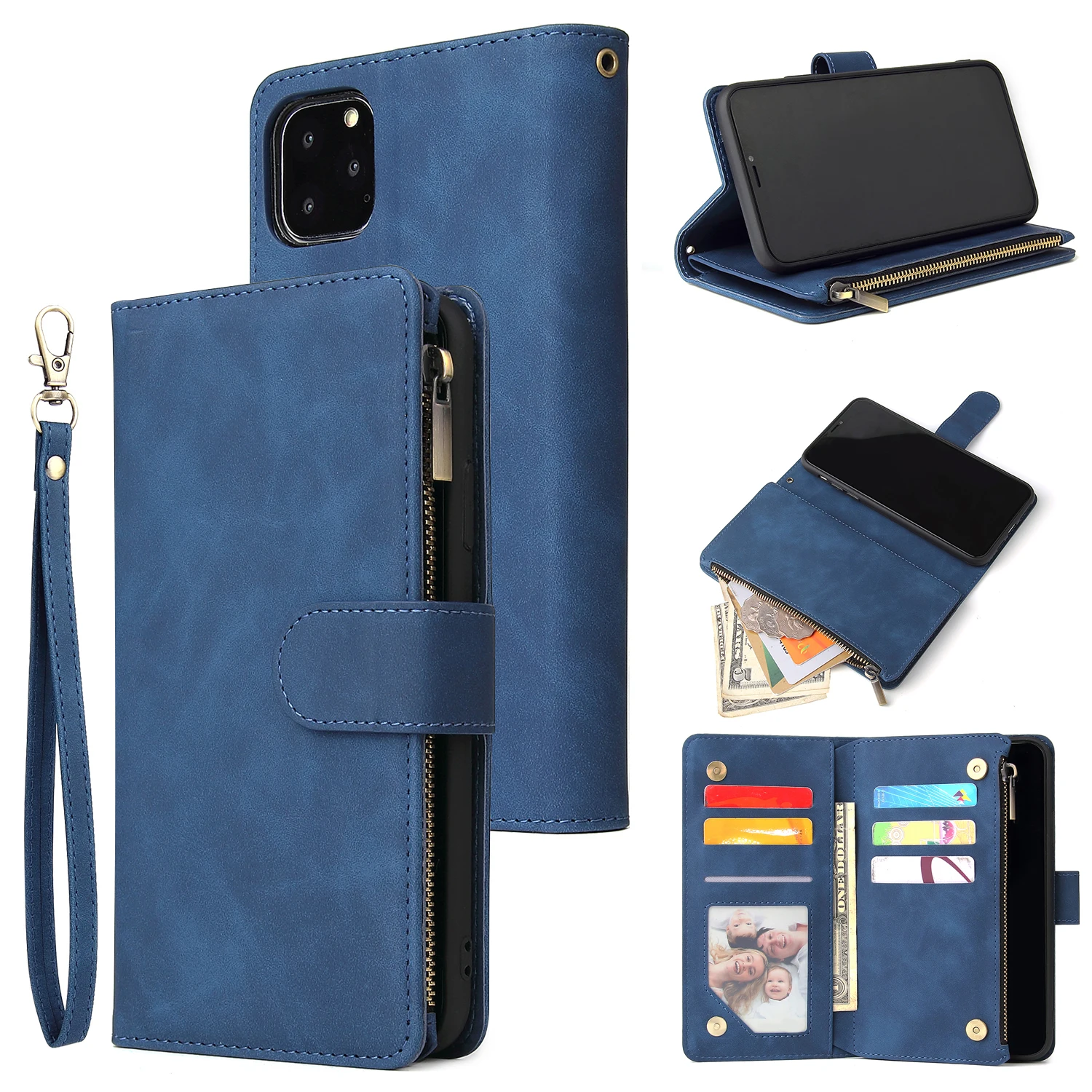 Premium Leather Wallet Case For iPhone 16 15 14 13 12 11 17 Pro Max Plus 17Air 16e Zipper Wallet Card Slots Magnetic Flip Cover