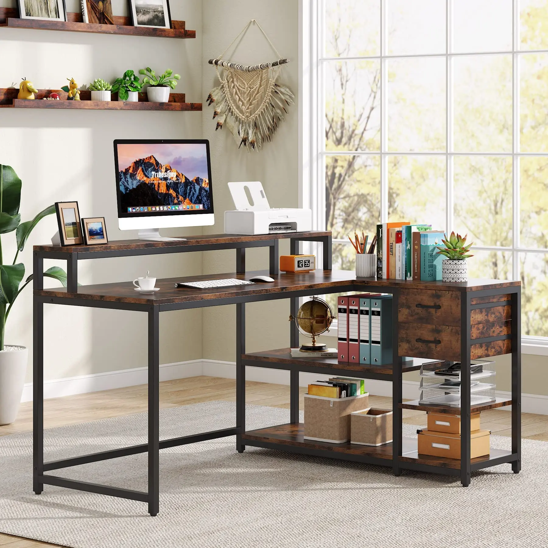 Tribesigns reversible L shaped electric computer desk with drawer industrial corner desk home office table with shelves and monitor stand