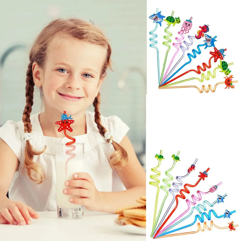 8Pcs Reusable Drinking Straws Cartoon Ocean Biology Plastic Straws Beverages Coffee Wedding Event Party Supplies Kid Toy