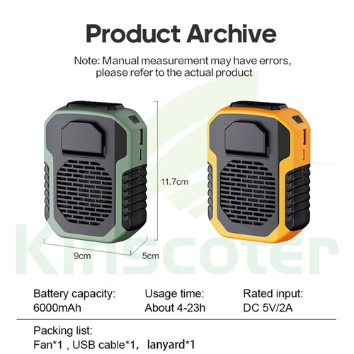 Kinscoter-매달린 목/허리 선풍기, 6000mAh, USB 미니, 휴대용 충전식 선풍기, 야외, 캠핑, 하이킹, 등산, 러닝, 스포츠용 5