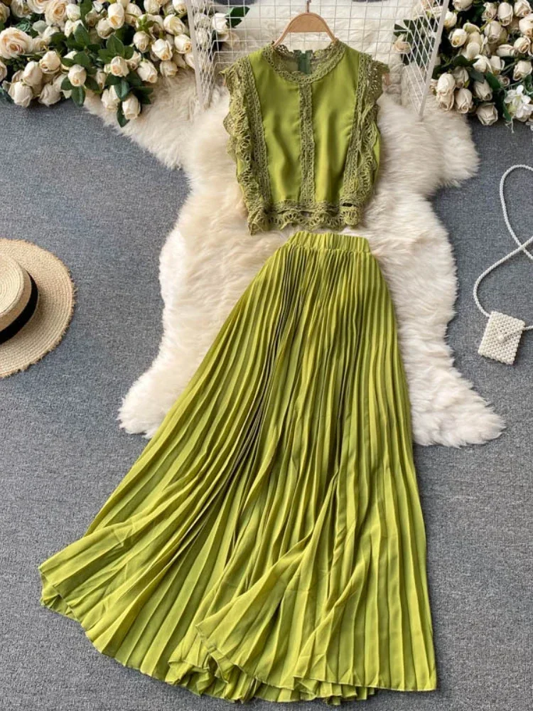 Beach Chiffon Two Piece Sets Women Summer Sleeveless Tank Tops Blouse and Pleated Long Skirts Outfits Ladies Elegant Suits