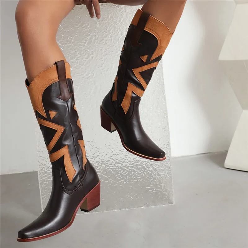 

Plus Size 34-48 Female Mixed Colors Knee High Boots Cool Pu Slip On Western Boots Square High Heels Winter Boots