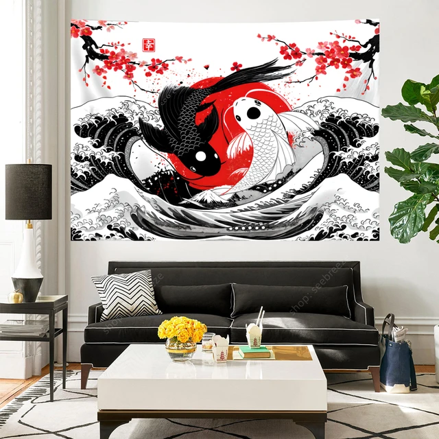 Tapisserie de poisson japonais Yin Yang Koi, rouge et noir, tapisserie d'art cerise, décor de chambre Hippie, décoration murale esthétique Boho pour la maison 4