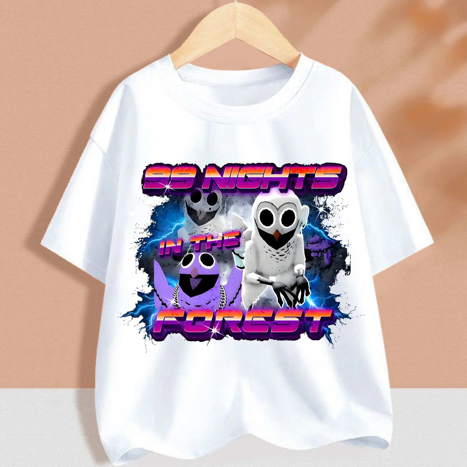 Children's Cartoon Forest Adventure White T-Shirt - Round Collar Anime Tee for Boys and Girls