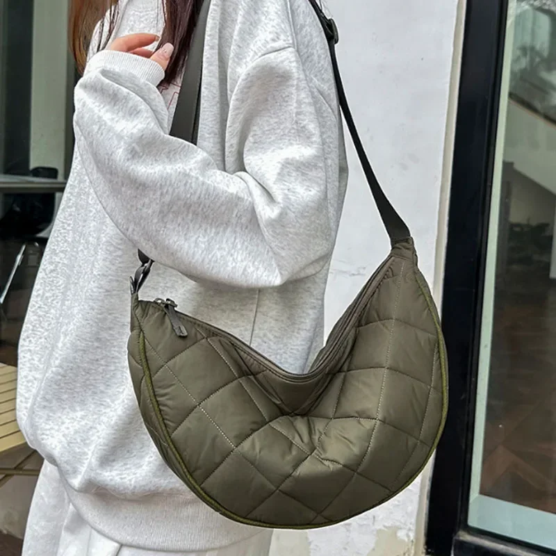 Waist Half Moon Belt Bag Solid Color Crossbody Bag Large Capacity Shoulder Bags Portable Nylon Plaid Travel Bags for Commuting