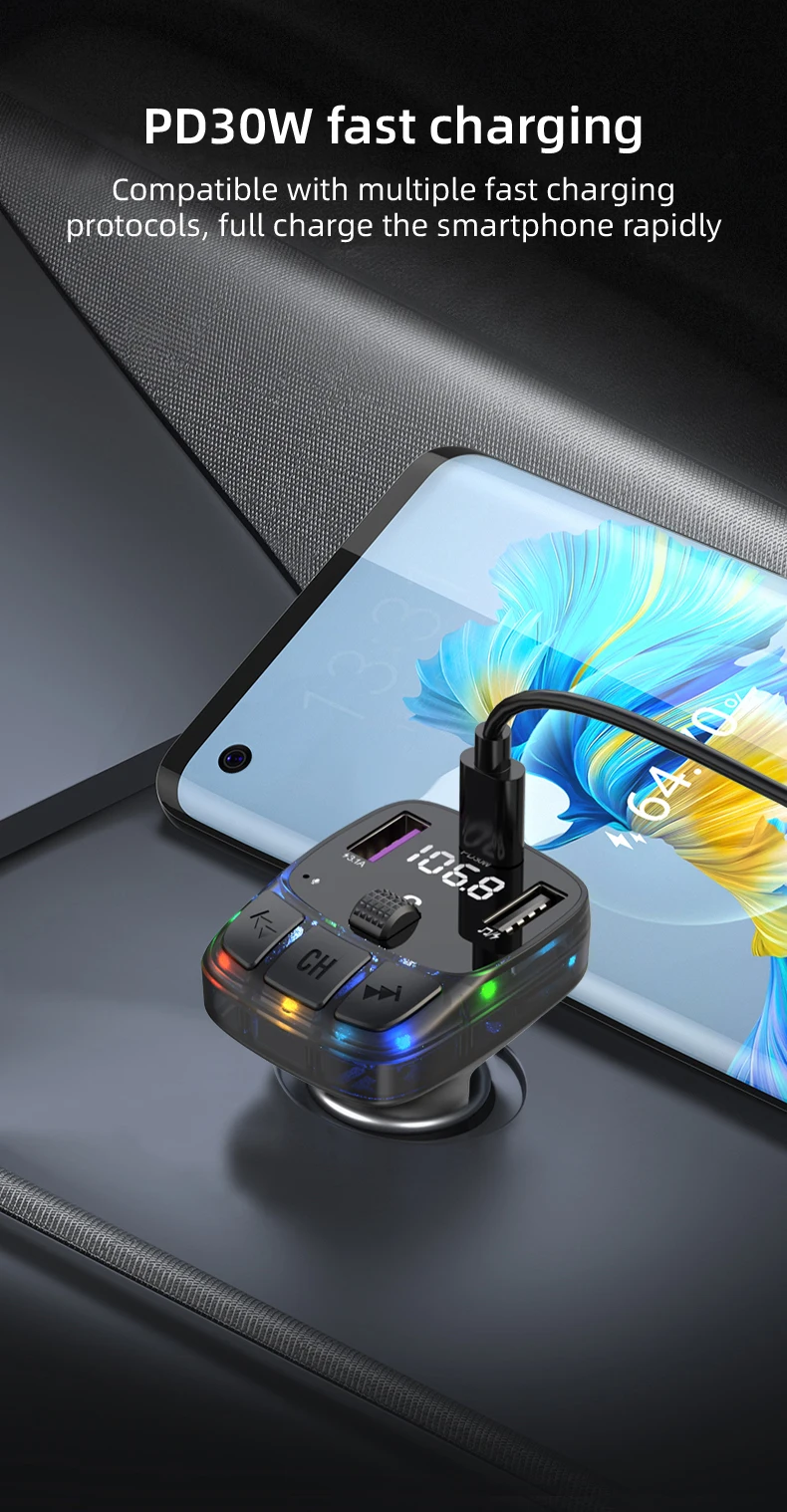 FM-трансмиттер автомобильный с двумя USB-портами, 30 Вт, Bluetooth 5,3 ...