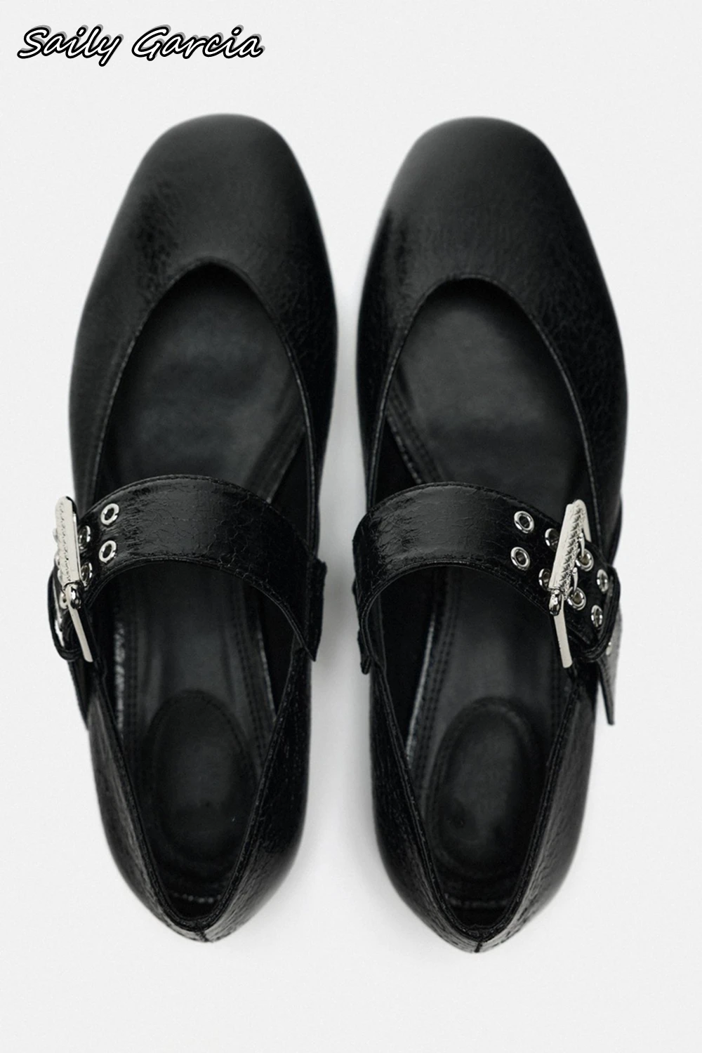 Black Belt Buckle Strap Shallow Ballet Flats 2024 Summer New Fashion Crack Leather Flats Pointed Toe Low Heel Casual Shoes