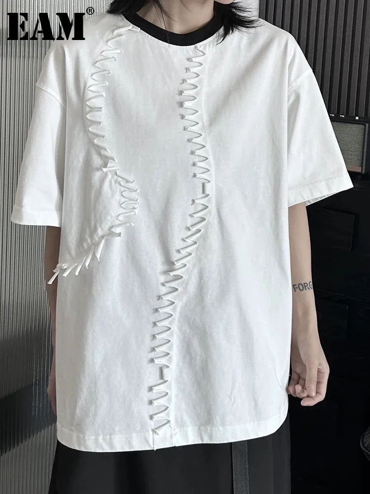 

[EAM] Women White Irregular Tassels Big Size Casual T-shirt New Round Neck Short Sleeve Fashion Tide Spring Summer 2024 1DH5473