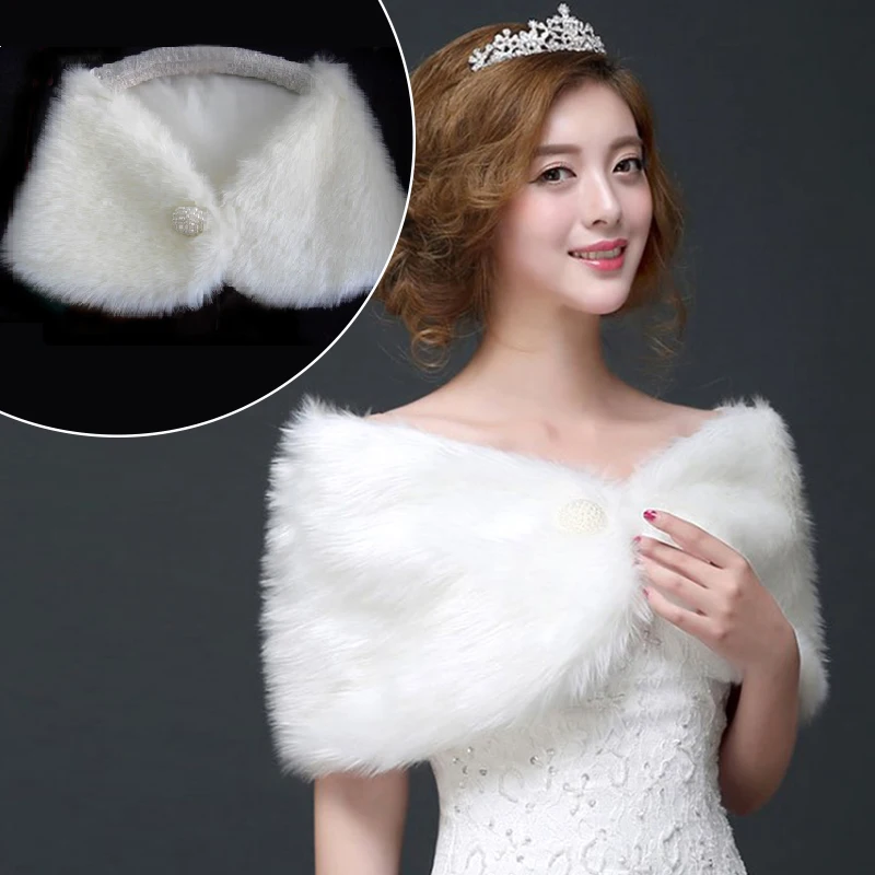 Wedding Faux Fur Shawl with Pearl Button Long Plush Noble Scarf Wrap Women Shrug Elegant Winter Warm Dress Clothes Accessories