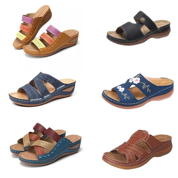 Summer Women Wedge Sandals Premium Orthopedic Open Toe Slippers Vintage Anti-Slip Leather Casual Female Platform Retro Shoes 1