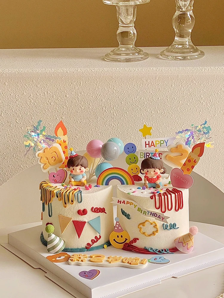 Cartoon Boys and Girls Cake Decoration Twin Baby First Birthday