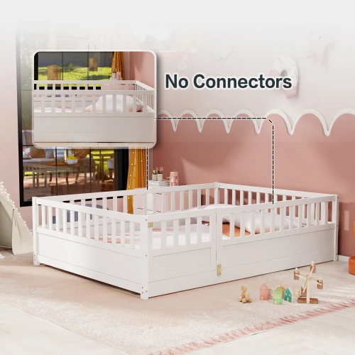 Twin Size Floor bed, integral construction with super high security barrier,wooden children's floor bed, white 4