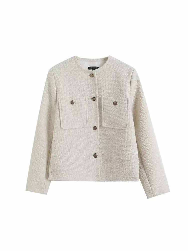 

Women 2023 New Fashion Gold button decoration Cropped Casual Coat Vintage Long Sleeve Pockets Female Outerwear Chic Overshirt