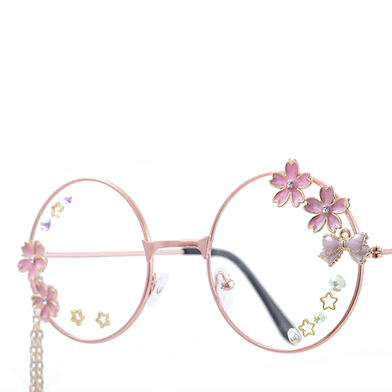 Votange Kawaii Round Glasses For Womens: With Kawaii Chain Accessories For  Outfits Cosplay Sakura Flower Circle Cute Eyeglasses