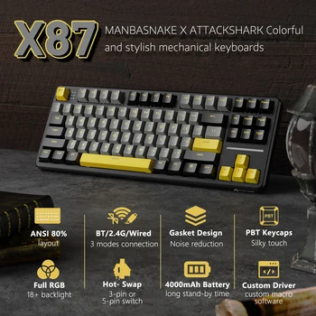 ATTACK SHARK X87 Wireless Mechanical Gaming Keyboard, Tri-Mode BT5.0/2.4GHz/USB-C Gasket Hot Swappable Custom Keyboard, Pre-lube 1
