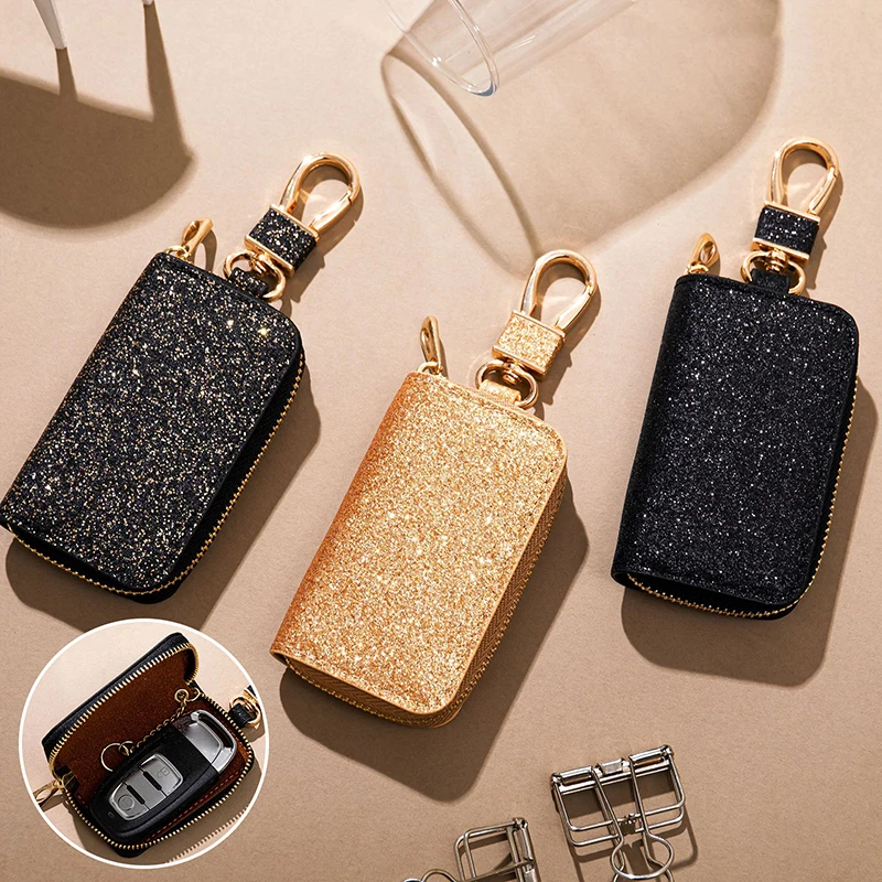 Key Case Key Case Cover Keychain Holder Shiny PU Key Pouch Zipper Key Holder Organizer Car Bag Keychain Wallet Fashion Simple Case Bag Car Protect Cover