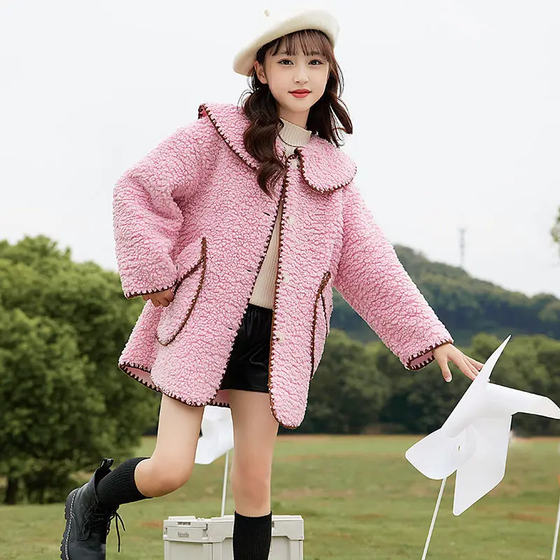 

Girls' Autumn Winter 2023 New Lamb Woolen Coat Peter Pan Collar Mid-length Princess Style Thick Warm Single Breasted 5-12 Yrs