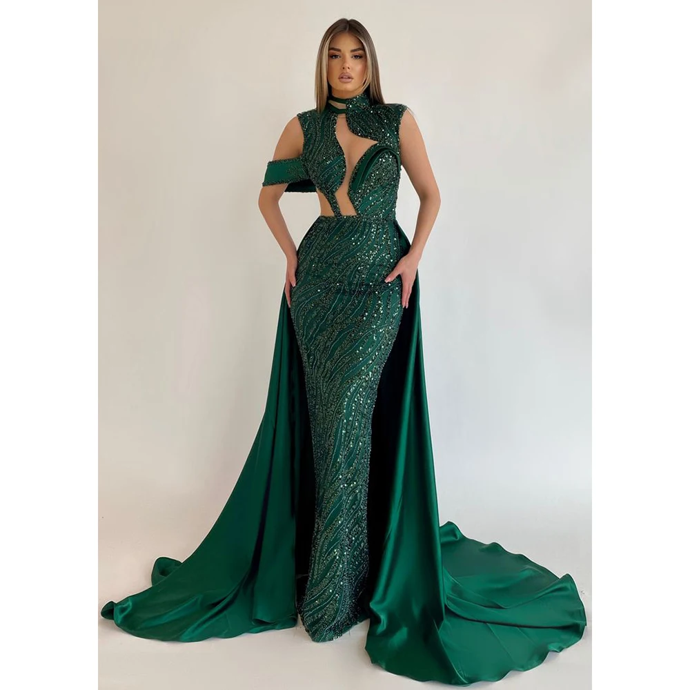 

Роскошное вечернее платье без рукавов, элегантное женское длинное платье с блестками, с высоким воротом, со съемным шлейфом, на шнуровке, для торжественных случаев