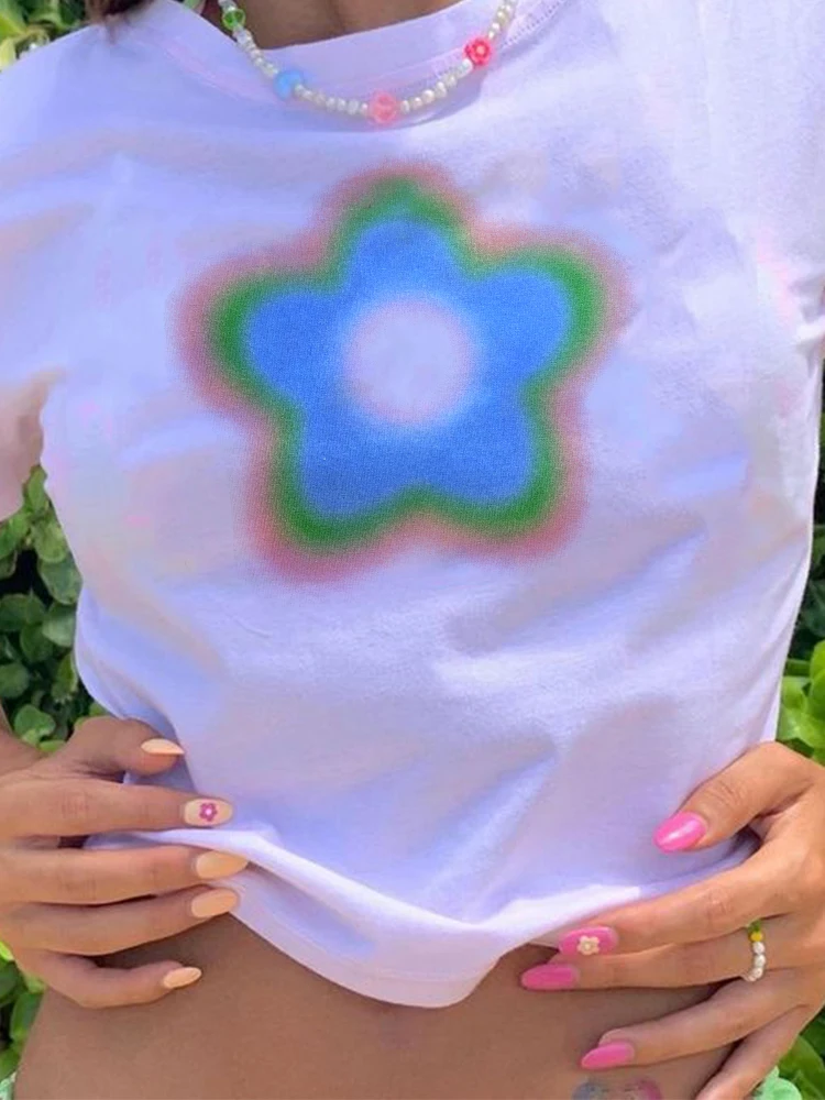 Y2K Kawaii Top Female Clothes Girl Tee E girl Flower Graphic Print