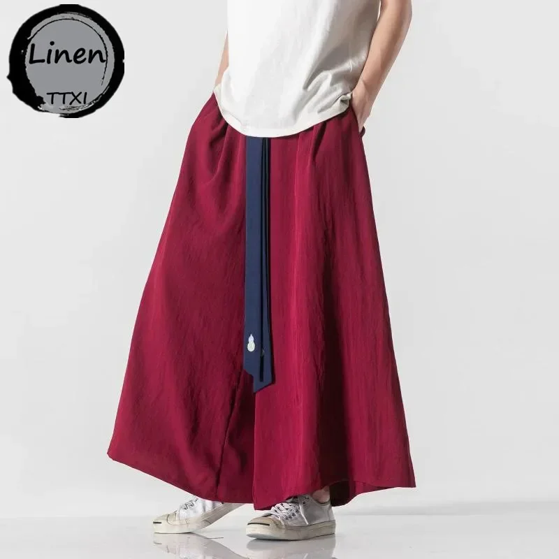 Men Wide Leg Pants Mens Cotton Joggers Retro Loose Trousers Man Chinese Style Linen Pants Male Big Crotch Nepal Robe