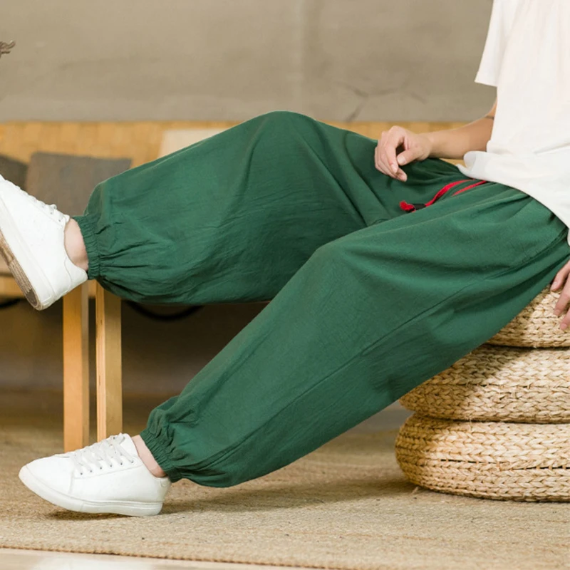 2024 Summer New Chinese Style Men's Breathable Cotton Linen Casual Pants Men's Loose Drawstring Harem Pants Lantern Pants