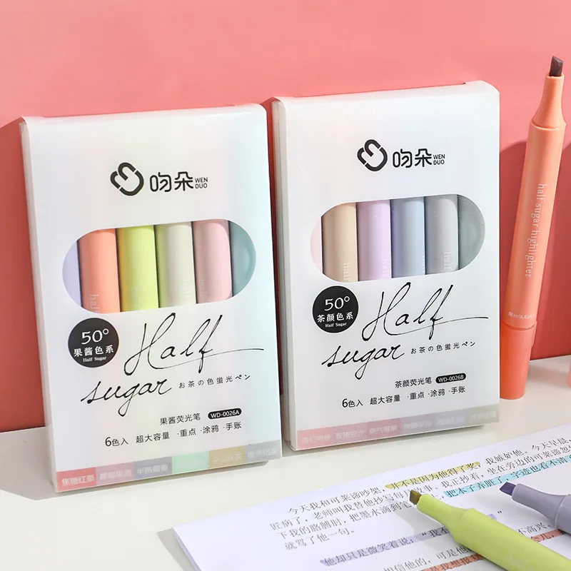 6pcs/ Set Colorful Highlighters Markers for Kids School Office Supplies Stationery Draw Writing Marking Pens Yellow Gray Color