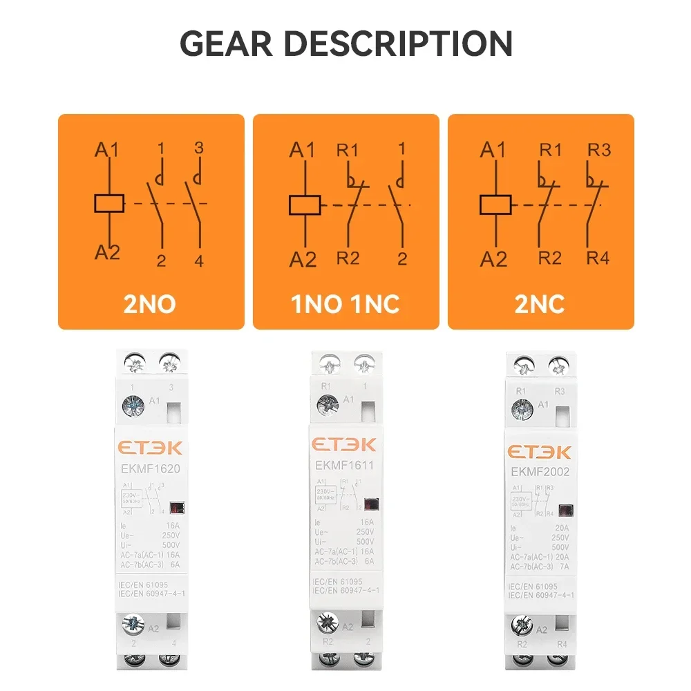 ETEK Din Rail Household Modular AC Contactor 220v Single Phase 2P 2no 2nc 1no 1nc 25A 20A 16A For Automation EKMF