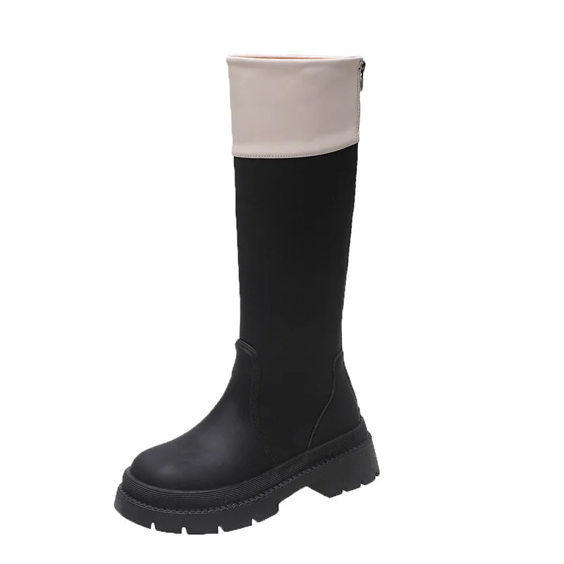 Leather Chunky Combat Boots Platform Perni Black Knee Boots Black Casual Slip on Street Runway Botas Mujer Female Designer Shoes